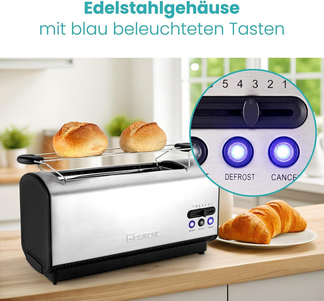 Clatronic TA 3687 4 Scheiben-Langschlitztoaster, Auftau-/Aufwärm-/Schnellstoppfunktion, Stufenlos ei