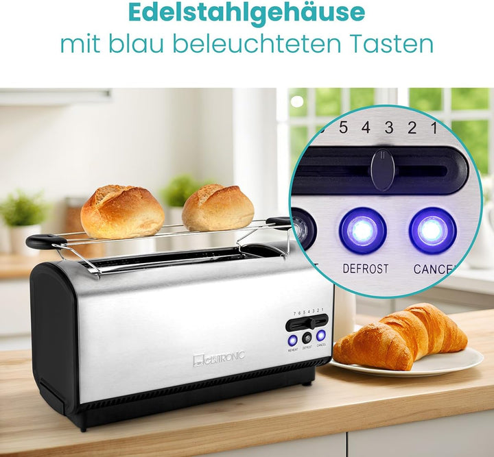 Clatronic TA 3687 4 Scheiben-Langschlitztoaster, Auftau-/Aufwärm-/Schnellstoppfunktion, Stufenlos ei