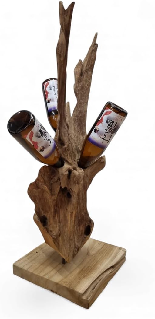 Kinaree Teak Wurzelholz Flaschenständer – Handgefertigtes Holz Weinregal – Natur Deko Skulptur – Uni