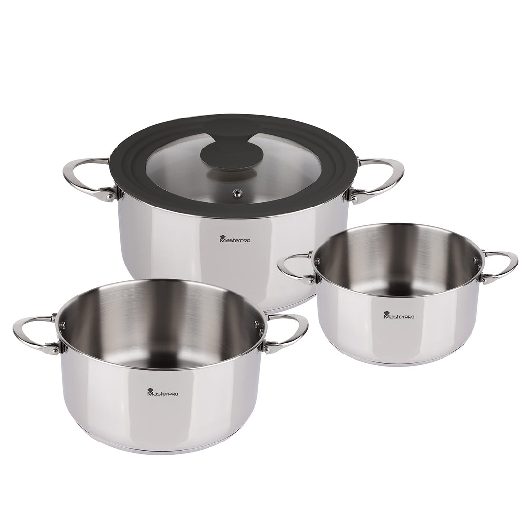 MasterPRO Foodies - Küchenbatterie - 4 -Stück -Set mit 4, 20 und 24 cm Pfannen und Glasdeckel - Herg