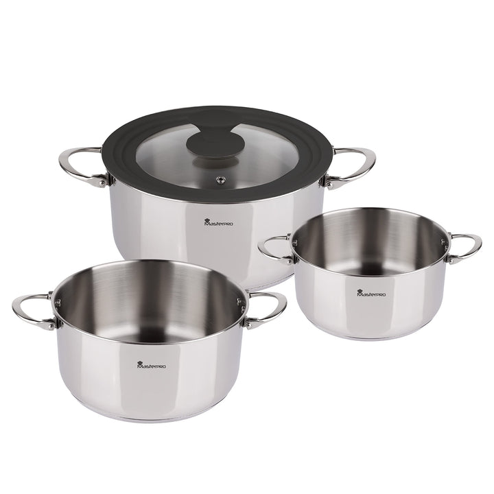 MasterPRO Foodies - Küchenbatterie - 4 -Stück -Set mit 4, 20 und 24 cm Pfannen und Glasdeckel - Herg