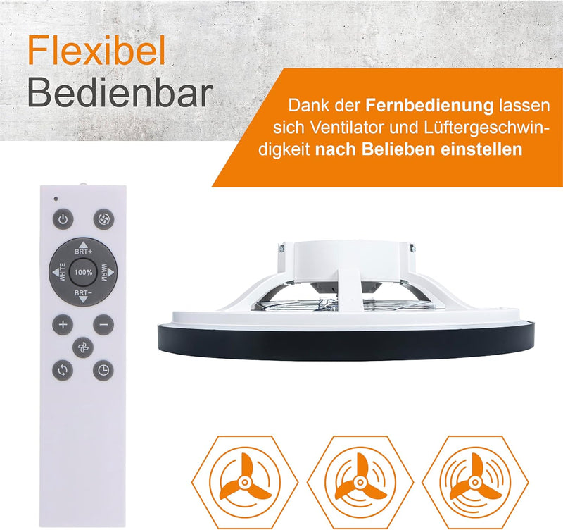 Proventa Deckenventilator mit Beleuchtung 60W - Ø 60cm, dimmbare LED Deckenleuchte mit Ventilator, w