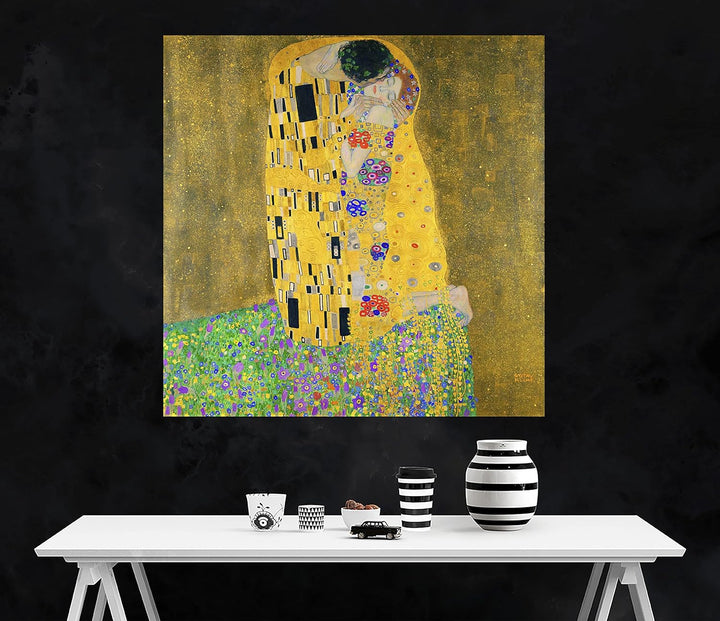 Berühmte Leinwanddrucke "The Kiss" von Gustav Klimt, Ölgemälde, Reproduktion, modern, gerahmt, 76 x