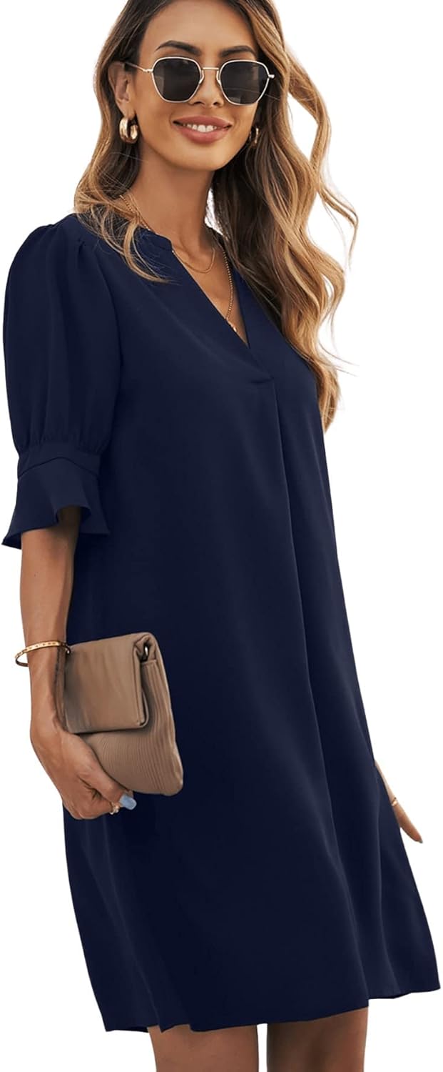 Famulily Frauen V-Ausschnitt Halbarm Hemdkleid Elegant Sommer Casual Einfarbig Kurzes Kleid S-XXL XX