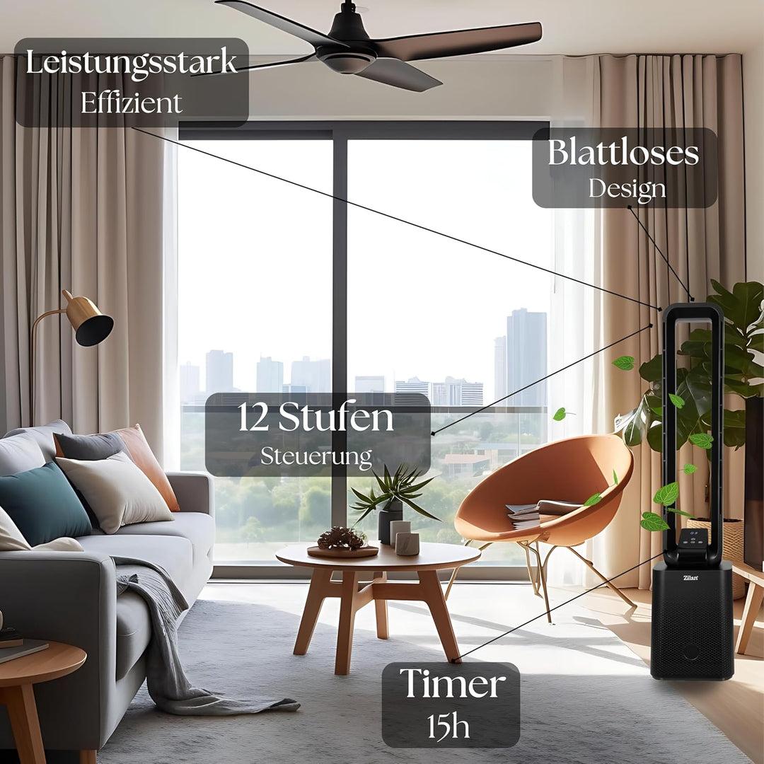 Zilan Turmventilator Blattlos Leise Standventilator mit Fernbedienung – 12 Stufen, 3 Modi, BLDC Moto