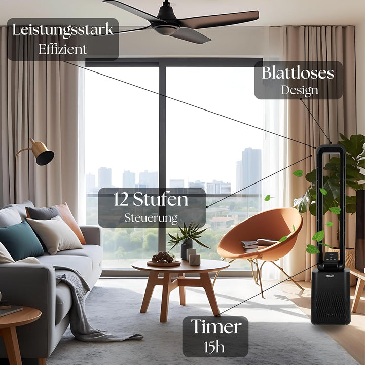 Zilan Turmventilator Blattlos Leise Standventilator mit Fernbedienung – 12 Stufen, 3 Modi, BLDC Moto