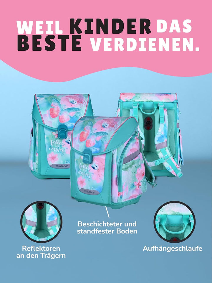 Familando - Premium Schulranzen Set - 6-teilig mit Sporttasche - Butterfly (Schmetterlinge) - Ergono