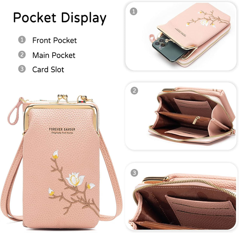 PORRASSO Mode Handy Umhängetasche Damen Handytasche Mini Geldbörse Crossbody Bag mit Kartensteckplat