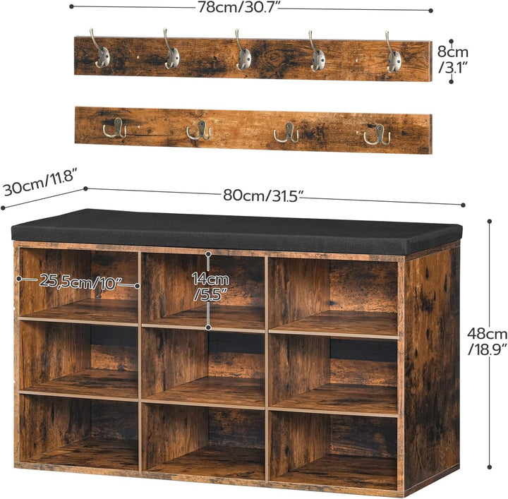 HOOBRO Garderobe Schuhregal Set, Schuhbank mit 9 Fächern, Schuhregal mit gepolsterter Sitzbank, Wand