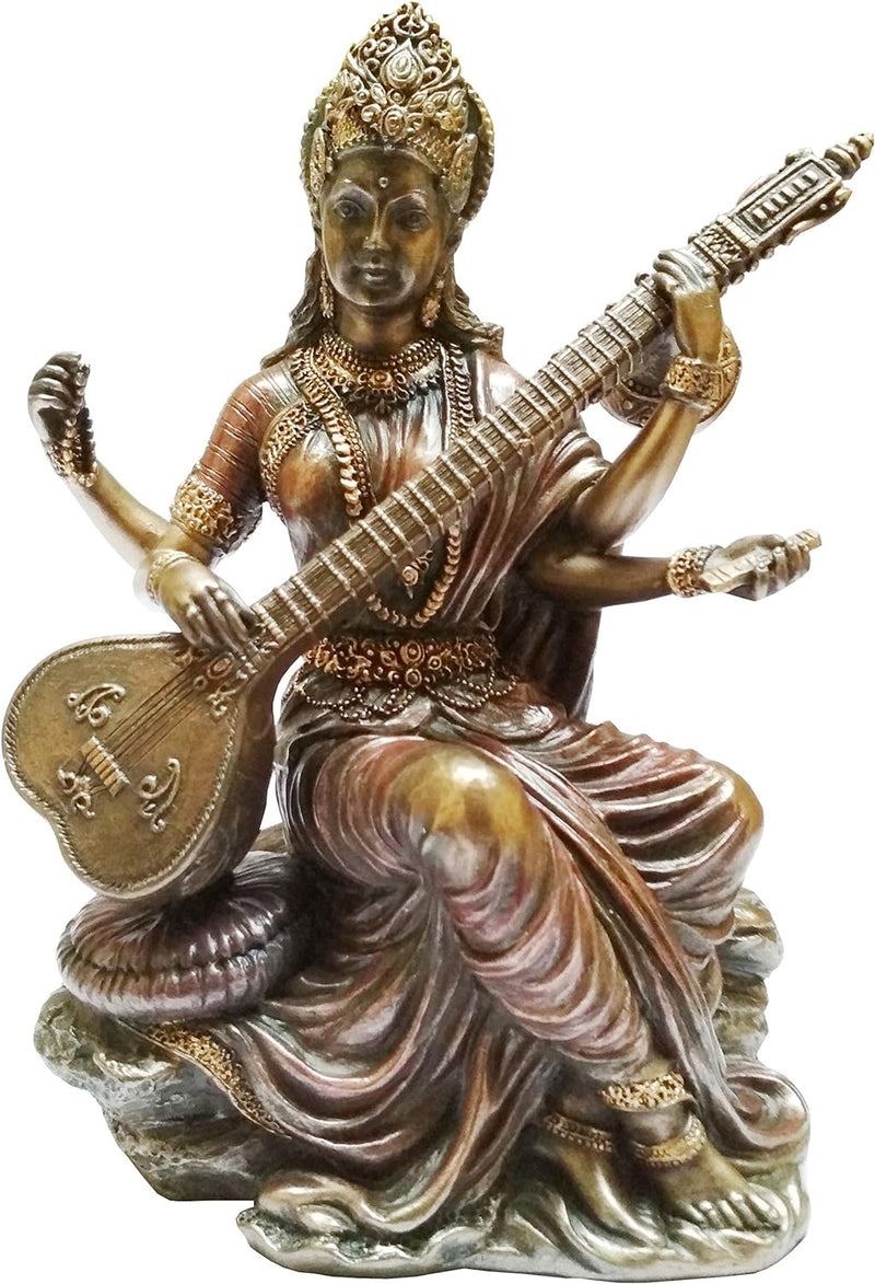 Purpledip Idol Saraswati, Göttin des Wissens, Musik und Kunst: Bronze-Finish Statue für den Tempel z