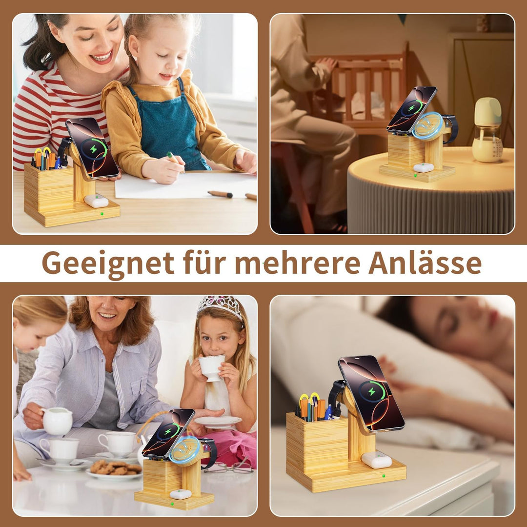 Drahtloser Ladeständer für Mag-Safe - 4 in 1 drahtlose Ladestation mit Stifthalter, Bambus-Schnellla