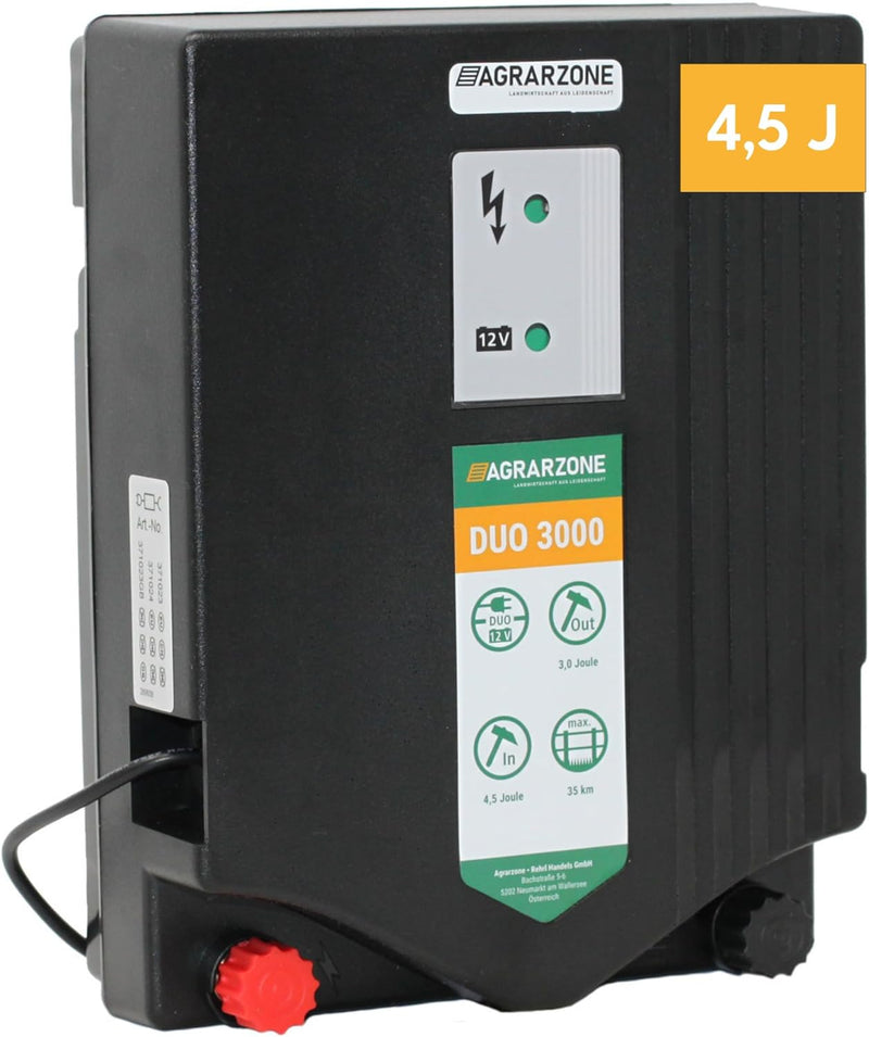 Agrarzone DUO 3000 Weidezaungerät 12V, 230V, 4,5 Joule | robustes Elektrozaungerät für Weidezaun | S