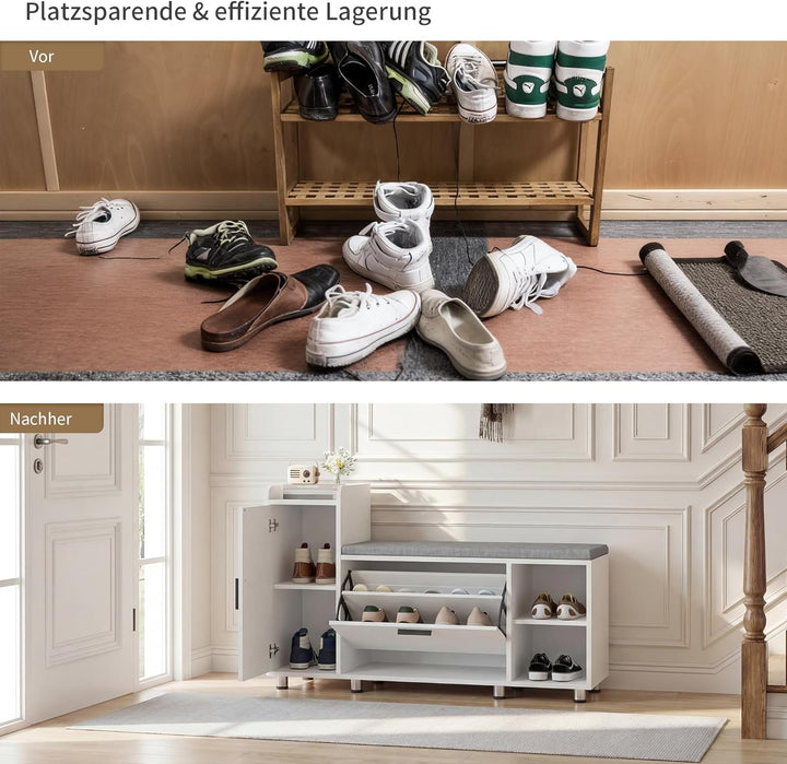 Schuhbank mit Sitzfläche, Klappfach mit Verstellbarer Trennwand, Höhenverstellbar, Schuhschrank mit