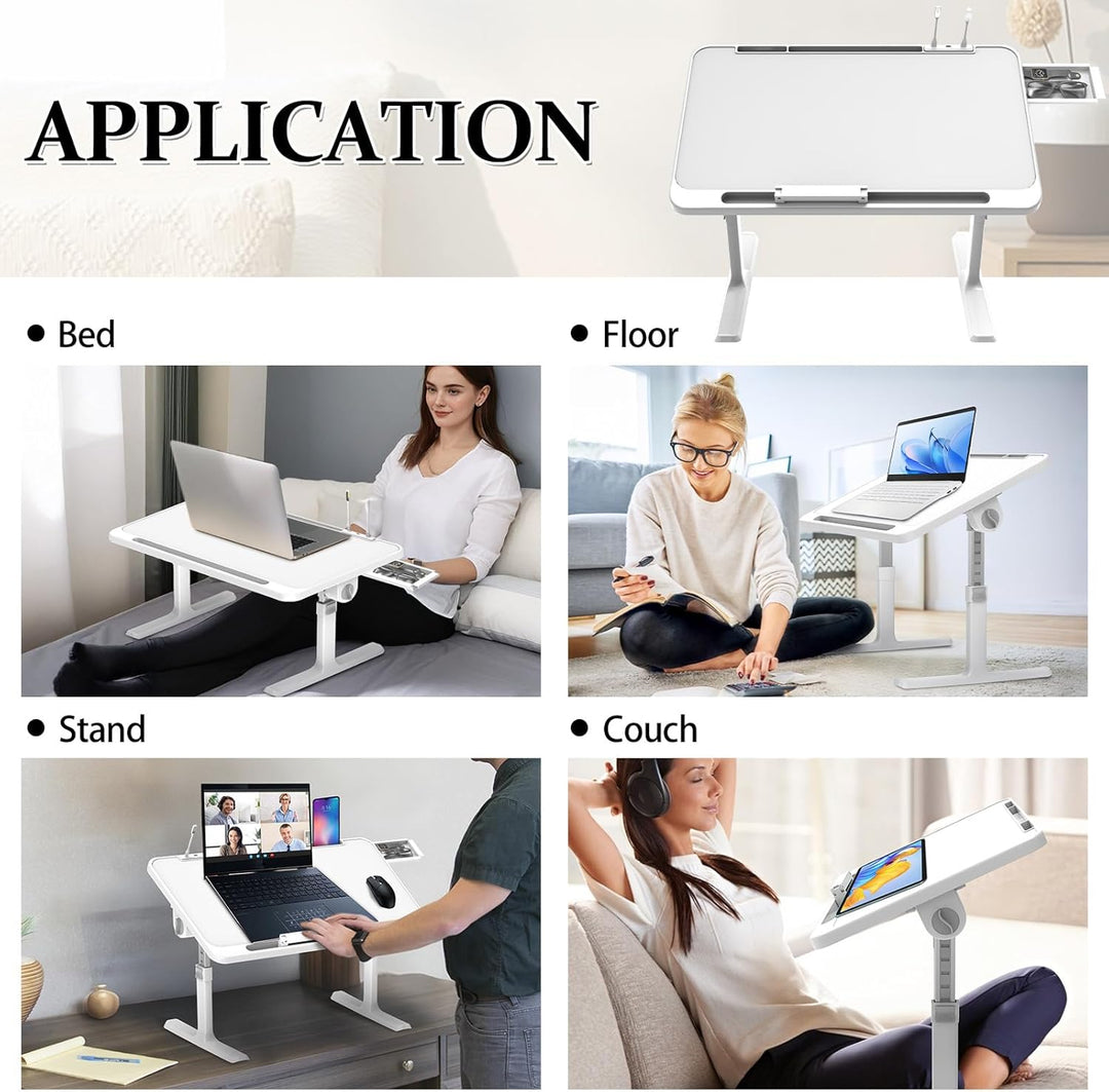 Klappbarer Laptoptisch mit Schublade, LED & Ventilator – Höhenverstellbarer Schreibtisch für Bett, S
