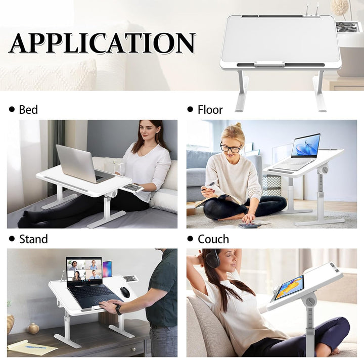 Klappbarer Laptoptisch mit Schublade, LED & Ventilator – Höhenverstellbarer Schreibtisch für Bett, S