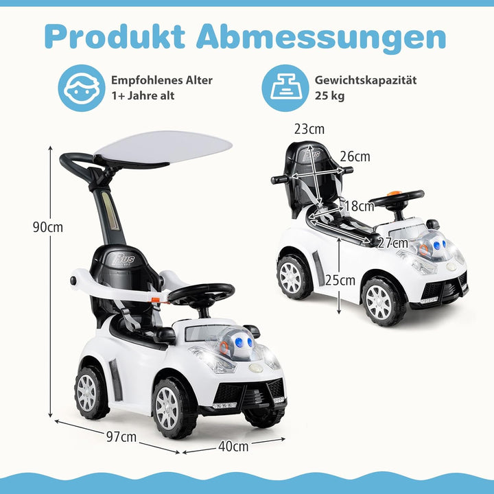 DREAMADE Kinder Rutschauto, 3 in 1 Schiebeauto mit abnehmbarem Verdeck, Sicherheitsgurt & Stauraum,