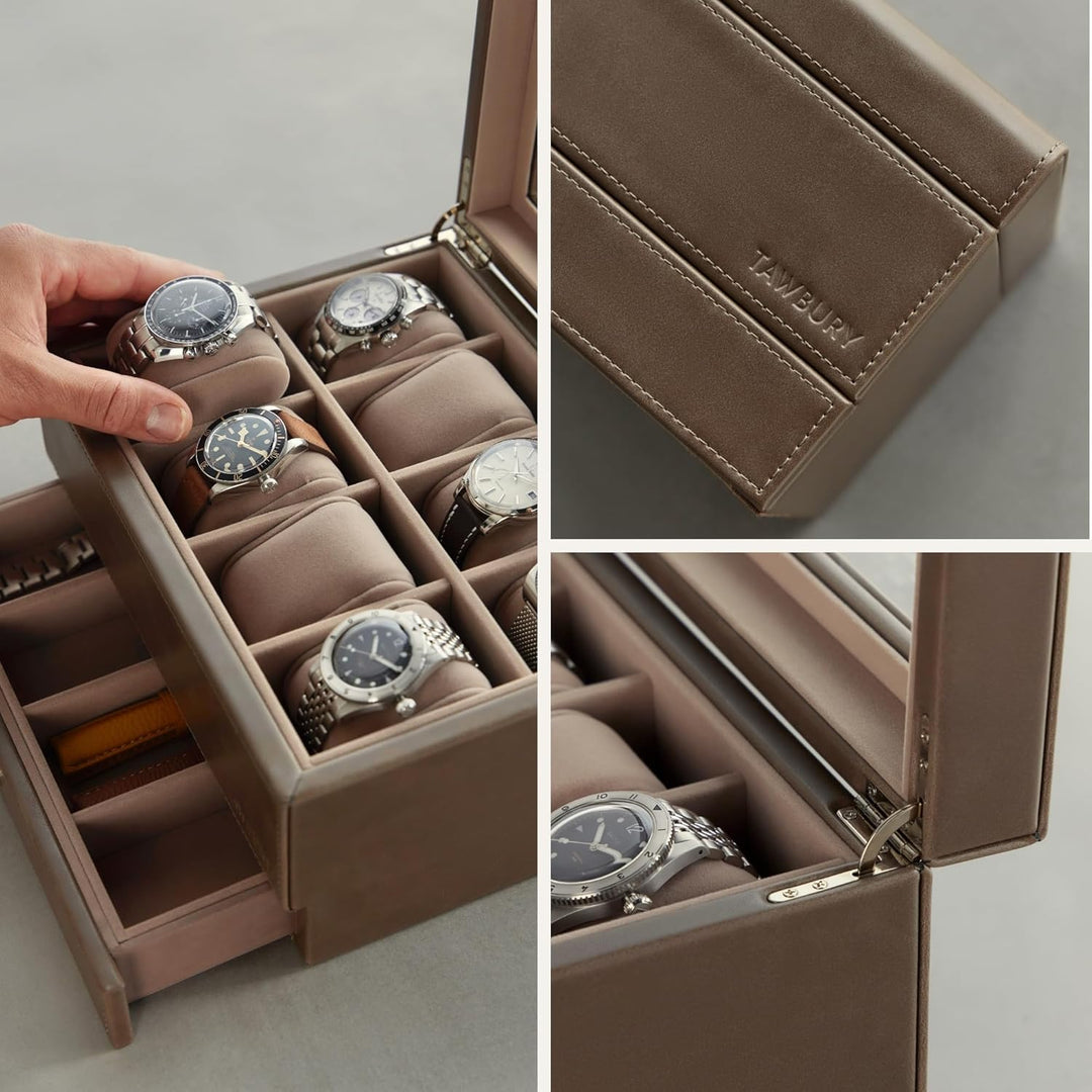 TAWBURY 8-Fach-Uhrenbox mit Aufbewahrungsschublade – Premium-Uhrenaufbewahrungsbox für Herren (Taupe
