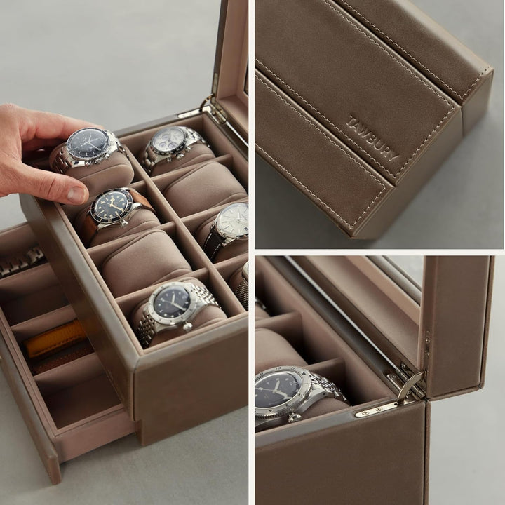 TAWBURY 8-Fach-Uhrenbox mit Aufbewahrungsschublade – Premium-Uhrenaufbewahrungsbox für Herren (Taupe