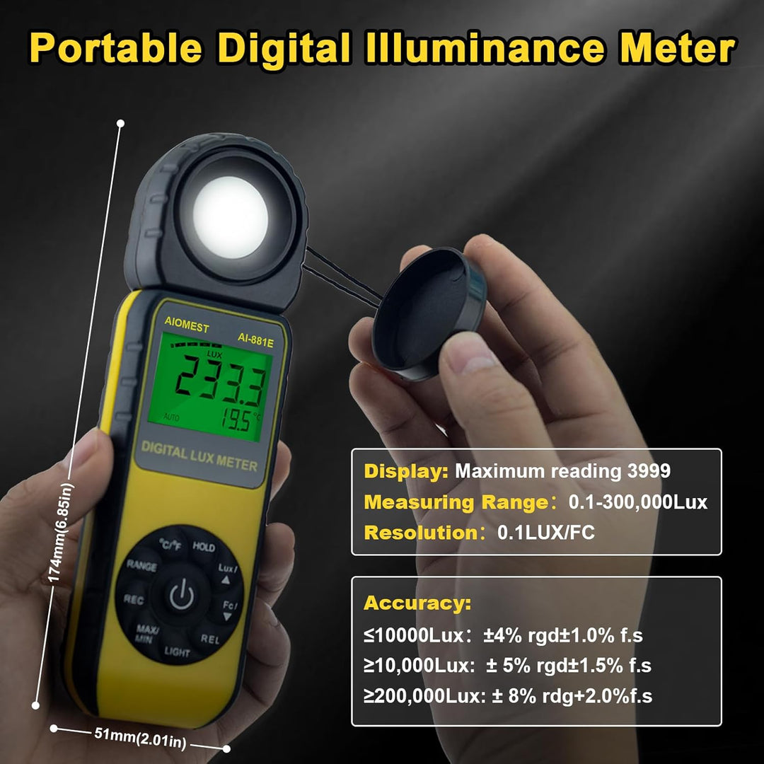 AIOMEST luxmeter, AI-881E Digitales Lichtmessgerät/Messlichter 0,01~300,000 Lux, Belichtungsmesser f