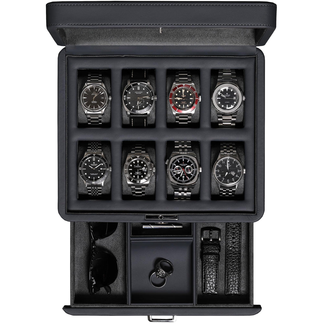 ROTHWELL Luxus Uhrenbox für 8 Uhren - PU Leder Uhrenbox mit Echtglasdeckel - Ausziehbare Zubehörschu