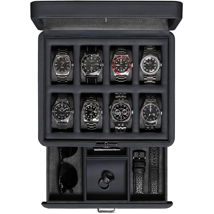 ROTHWELL Luxus Uhrenbox für 8 Uhren - PU Leder Uhrenbox mit Echtglasdeckel - Ausziehbare Zubehörschu
