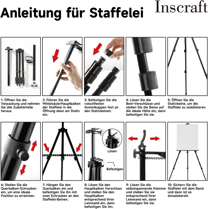 INSCRAFT Staffelei Schwarz, Aluminium, Einstellbar 40-117cm, Tischstaffelei &amp; Standstaffelei Klein,