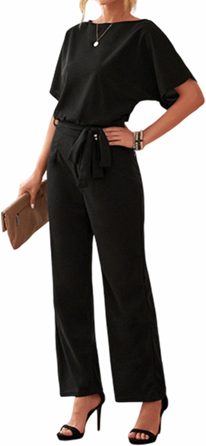 Bipily Damen Kurzarm Lang Jumpsuit Elegant Overall Jumpsuits O-Ausschnitt Playsuit Romper Hosenanzug