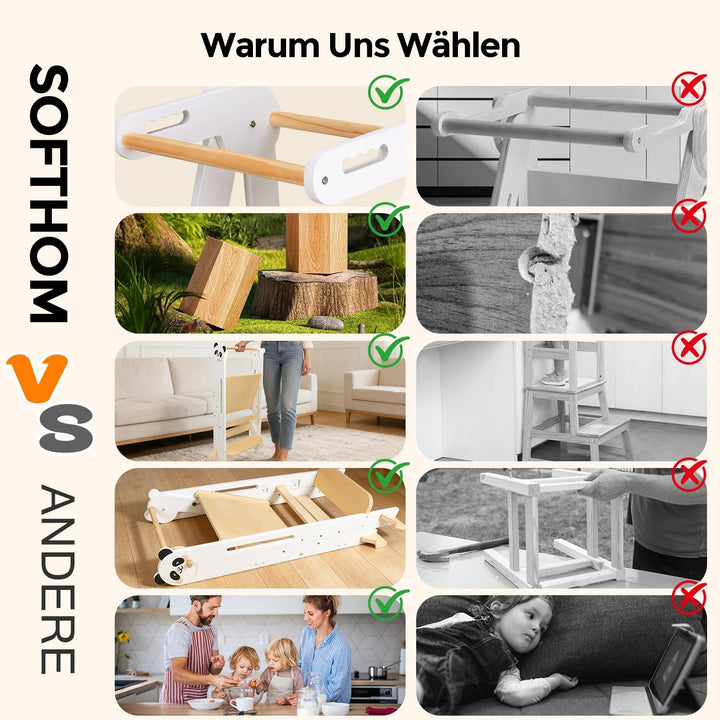 Lernturm Klappbar, Montessori Learning Tower für Kinder, 3-Fach Höhenverstellbar, Platzsparend, Sich