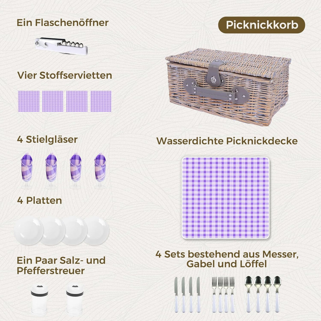 HYBDAMAI Picknickkorb Set für 4 Person mit Kühlfach und wasserdichte Picknickdecke, Abnehmbarer Riem