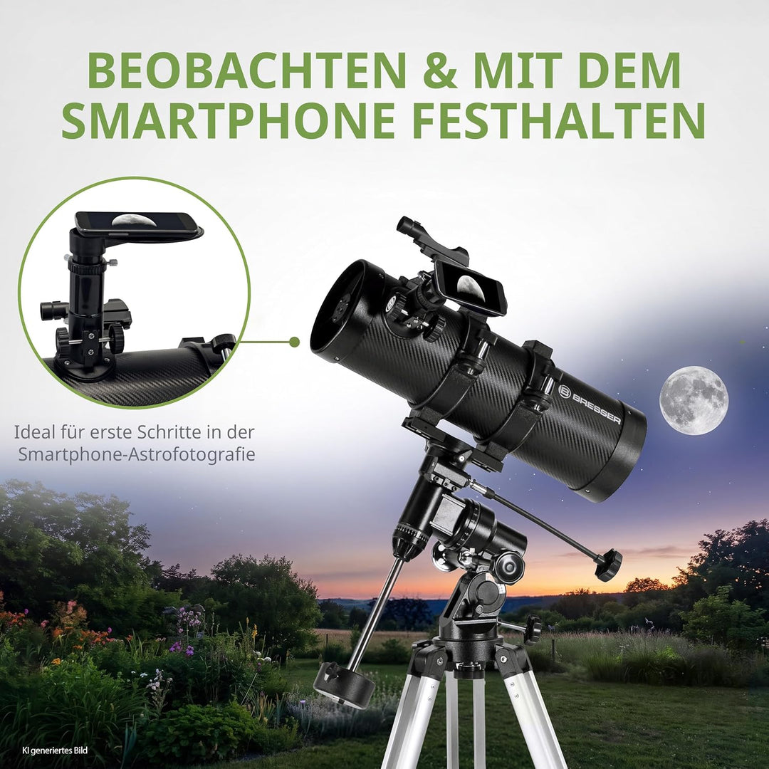 Bresser Spiegelteleskop Pluto EQ 114/500 für Jung und Alt mit Smartphone Kamera Adapter inklusive St