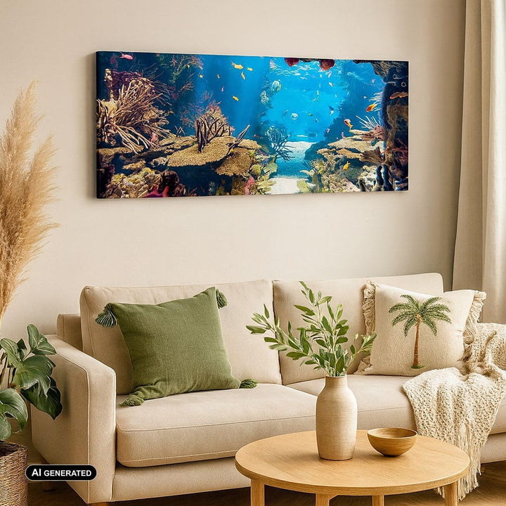 Wandbilder Dekoration Wohnzimmer Ozean Riff Fische Koralle Panorama Bilder auf Leinwand 120x50cm Lei