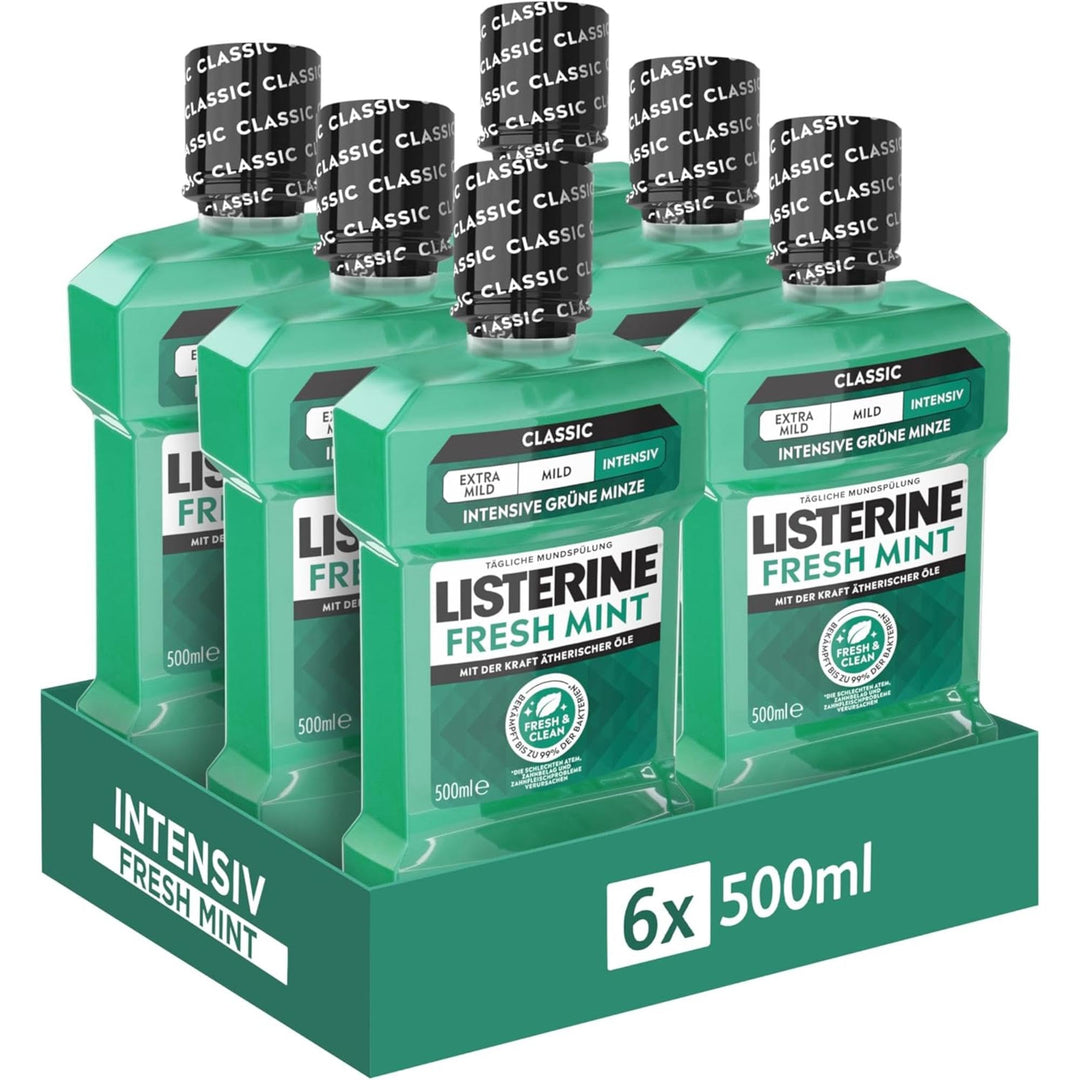 Listerine Fresh Mint (6 x 500 ml), antibakterielle Mundspülung mit ätherischen Ölen für einen frisch