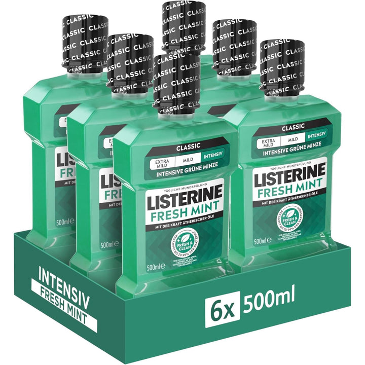 Listerine Fresh Mint (6 x 500 ml), antibakterielle Mundspülung mit ätherischen Ölen für einen frisch