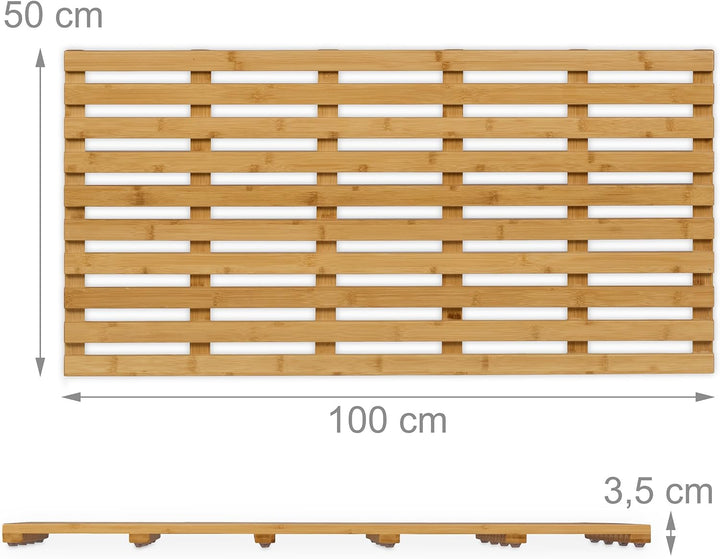 Relaxdays Bambus Badematte, 100 x 50 cm, rutschfeste Duschmatte für Badewanne, Dusche, Sauna, Indoor