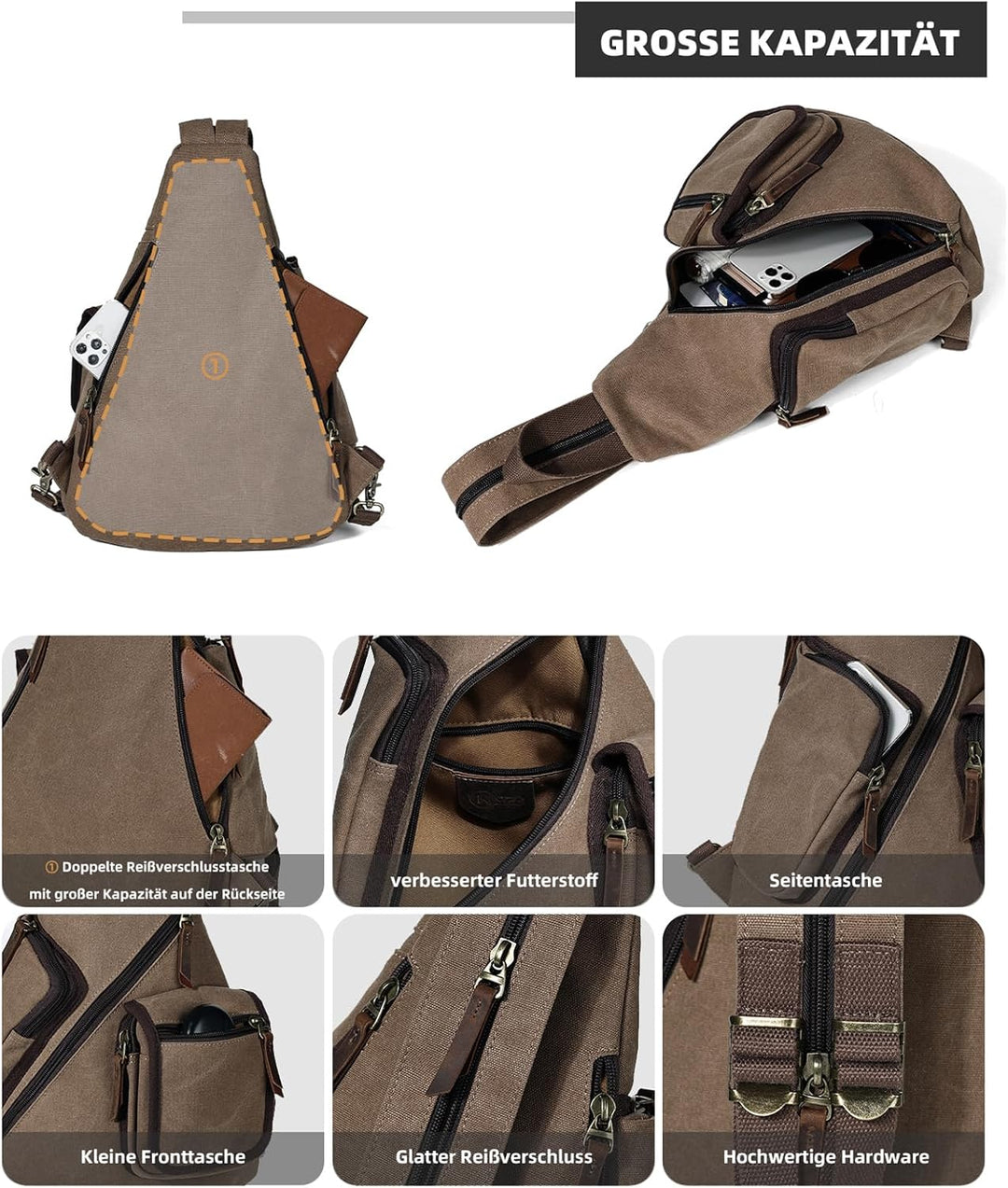 KL928 Canvas Sling Bag Herren und Damen, Crossbody Brusttasche Schulterrucksack Schultertasche Rucks