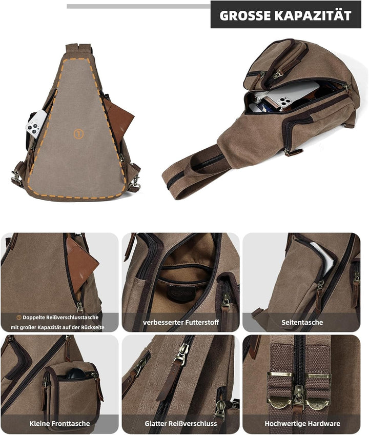 KL928 Canvas Sling Bag Herren und Damen, Crossbody Brusttasche Schulterrucksack Schultertasche Rucks