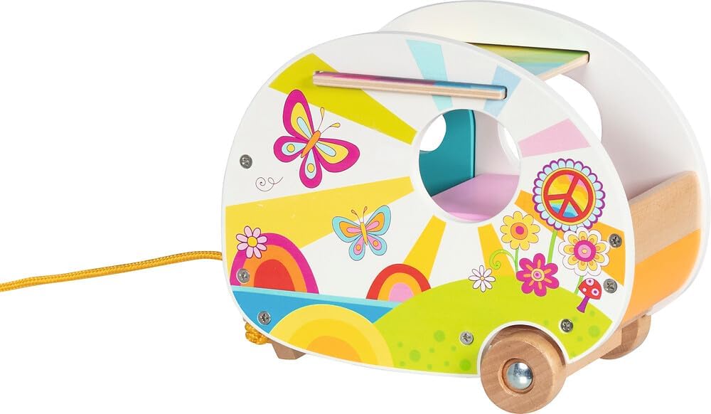 goki 51431 - Wohnwagen Camperfreude – farbenfroher goki66 Wohnanhänger aus Holz für Minipuppen/Biege
