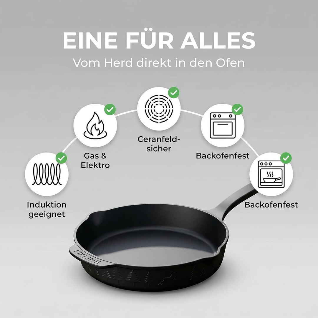 FIXLINE® BLACK FOREST Gusseisenpfanne 24cm - Induktion und alle Herdarten - Emailliert für kein Rost