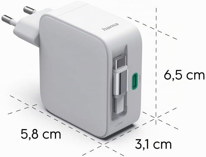 Hama GaN-Schnellladegerät, 30 W, 2X USB-C, ausziehbares USB-C-Kabel, Power Delivery, PD, USB-C-Ladeg
