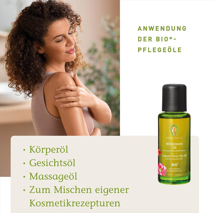 PRIMAVERA Pflegeöl Wildrosenöl bio 30 ml – naturreine Pflanzenkraft – Glasflasche – Aromaöl, Körperö
