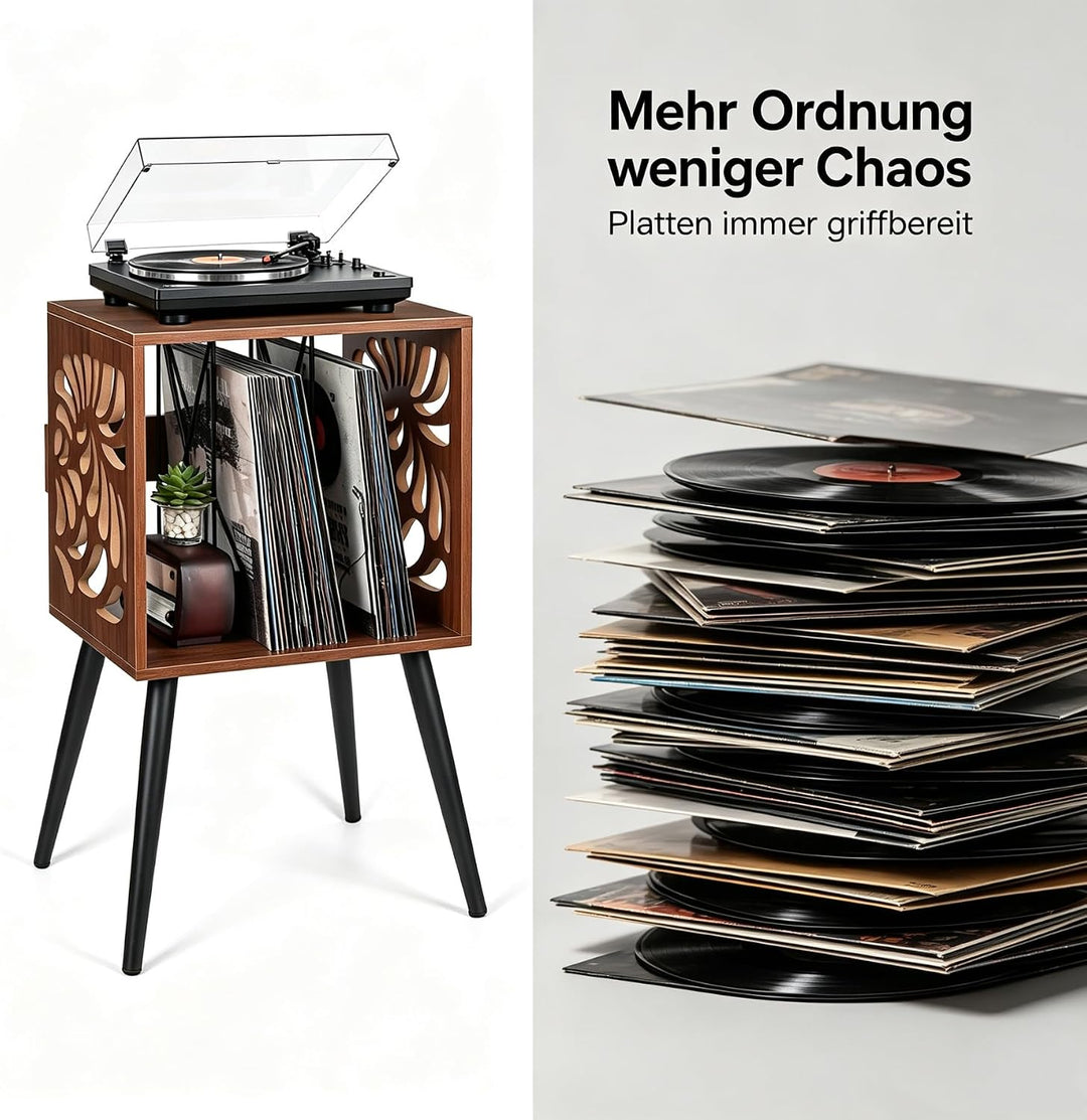 Plattenspieler-Ständer für 80 Alben LP Regal Holz Mid-Century Retro | Schallplattenregal mit Monster