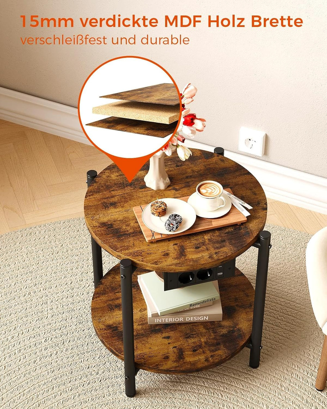 IRONCK Beistelltisch rund, Couchtisch mit Steckdose, Kleiner Tisch Holz, Wohnzimmertisch 2 Ablagen,S