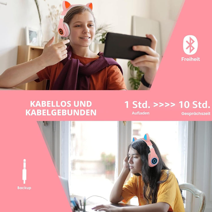 Sendowtek Bluetooth Kopfhörer für Kinder Mädchen Over Ear Niedlich Katzenohren LED Licht Kabellos Ko