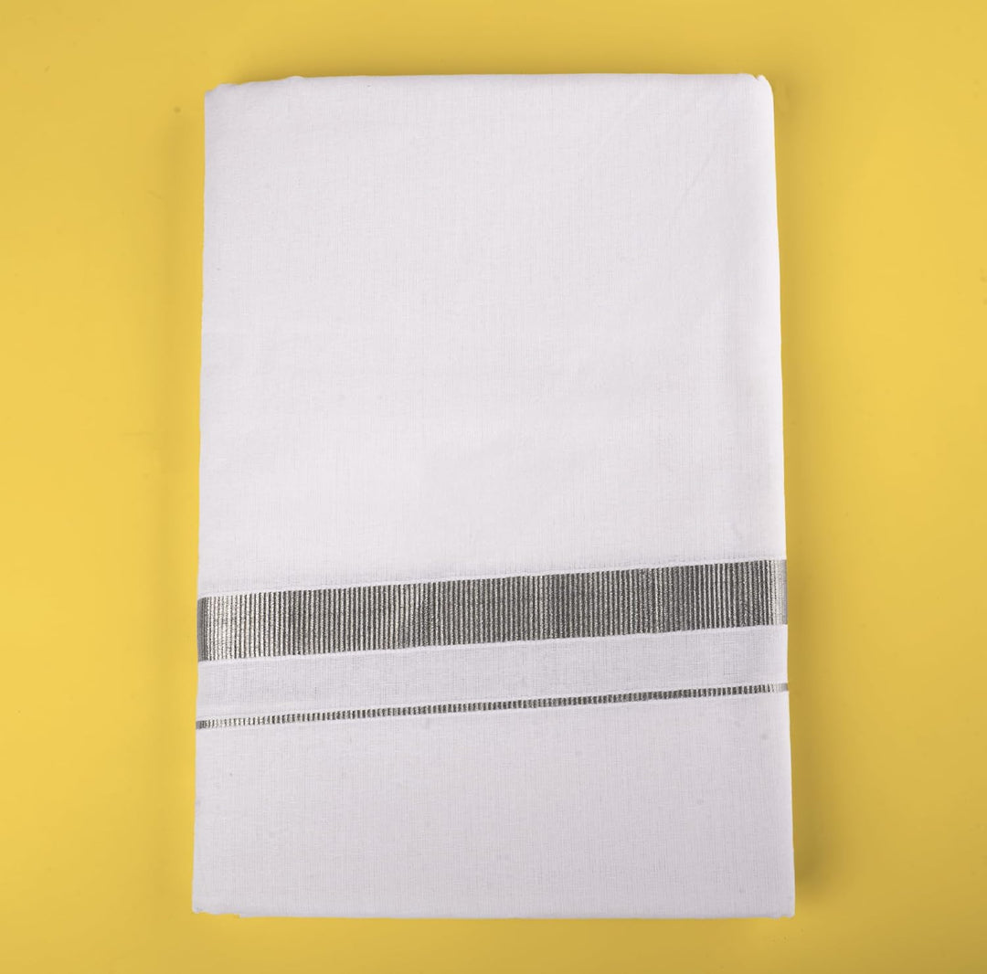 Cotton Dhoti Vesti Mundu Single Layer with Golden Border, Farbe: Weiß, 2,5 cm, silberfarbener J