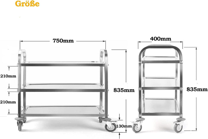 uyoyous Servierwagen 75x40x83.5cm Edelstahl 3 böden Küchenwagen Transportwagen Edelstahl mit 4 360°