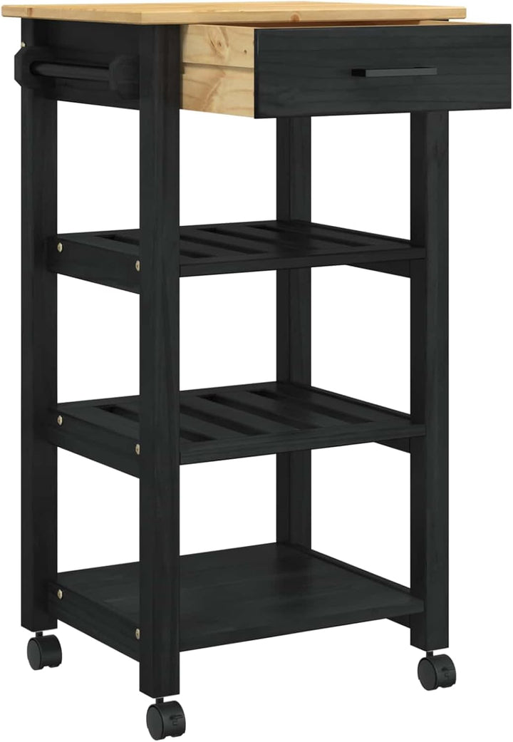 vidaXL Küchentrolley MONZA Schwarz 48 x 40 x 88,5 cm Massivholz Kiefer, Moderner Küchenwagen, erweit