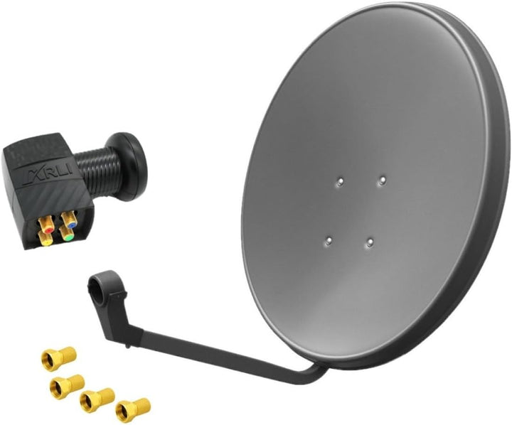 60cm HD Sat Anlage Quad LNB + 4 F-Stecker Digital 4 Teilnehmer Antenne Grau UHD 4K + 4x F-Stecker, +