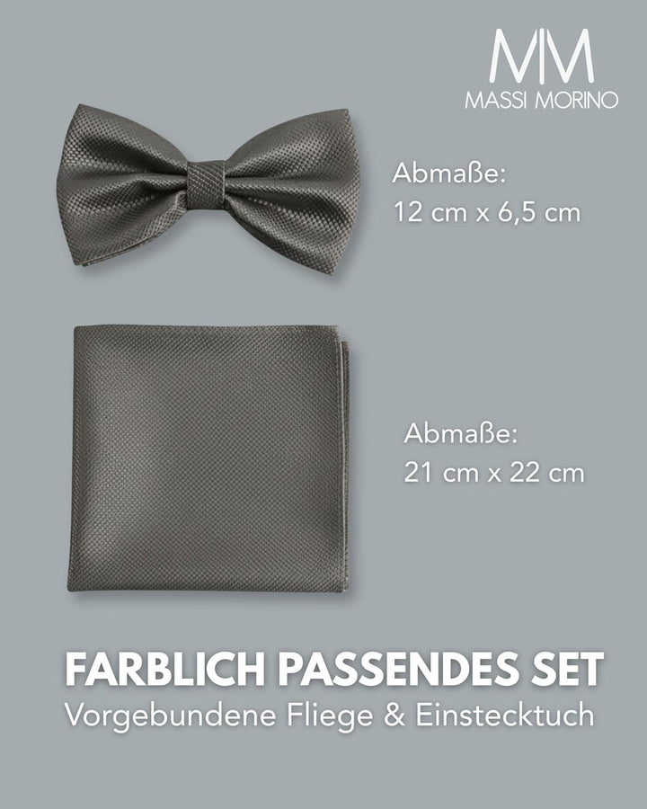 Massi Morino Fliege mit Einstecktuch für Herren Set - Anzug Herrenfliege zur Hochzeit - Verstellbare
