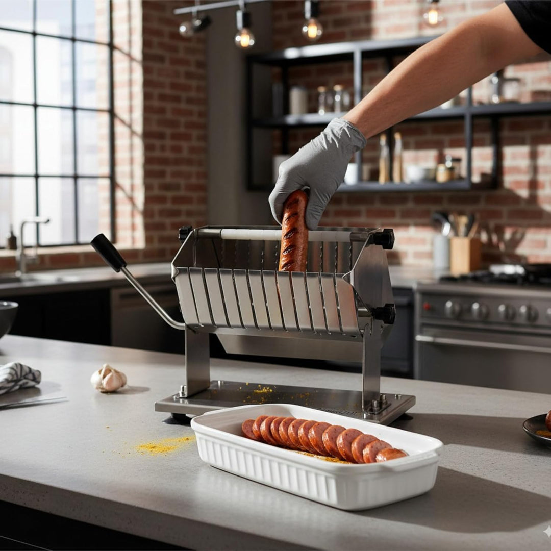 Mahlzeit Edelstahl Currywurstschneider für 18 mm Scheiben | 10 extra scharfe Messer mit Wellenschlif