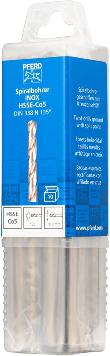 PFERD Spiralbohrer INOX, 10 Stück | Ø 10 mm, HSS-E Co5 N, DIN 338, 135° | 25203578 - für zähe und ha